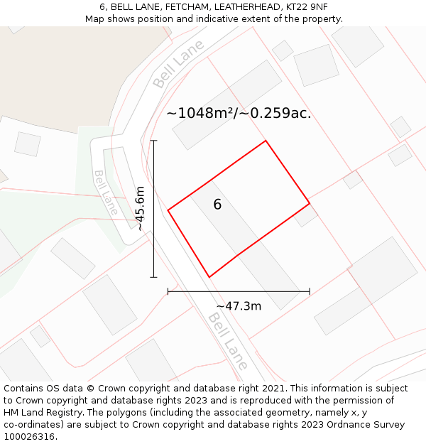 6, BELL LANE, FETCHAM, LEATHERHEAD, KT22 9NF: Plot and title map