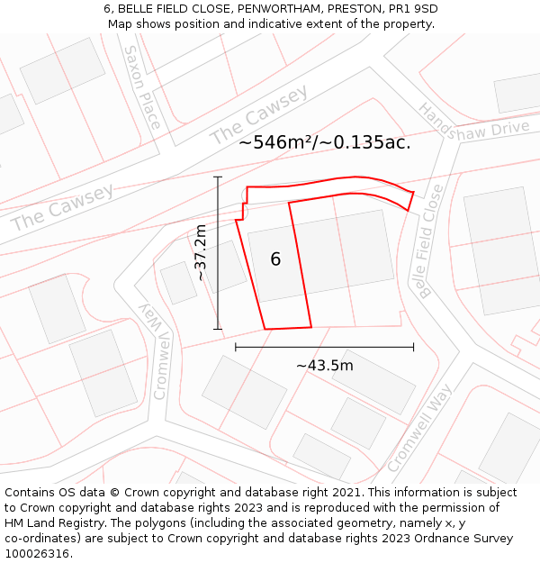 6, BELLE FIELD CLOSE, PENWORTHAM, PRESTON, PR1 9SD: Plot and title map