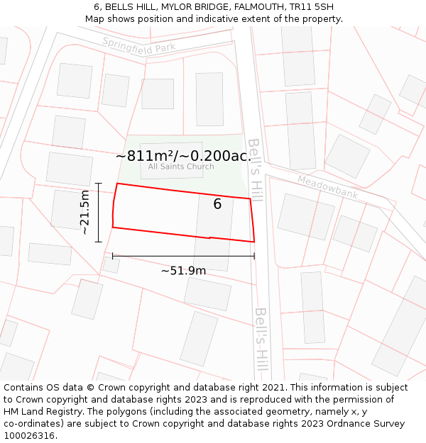 6, BELLS HILL, MYLOR BRIDGE, FALMOUTH, TR11 5SH: Plot and title map
