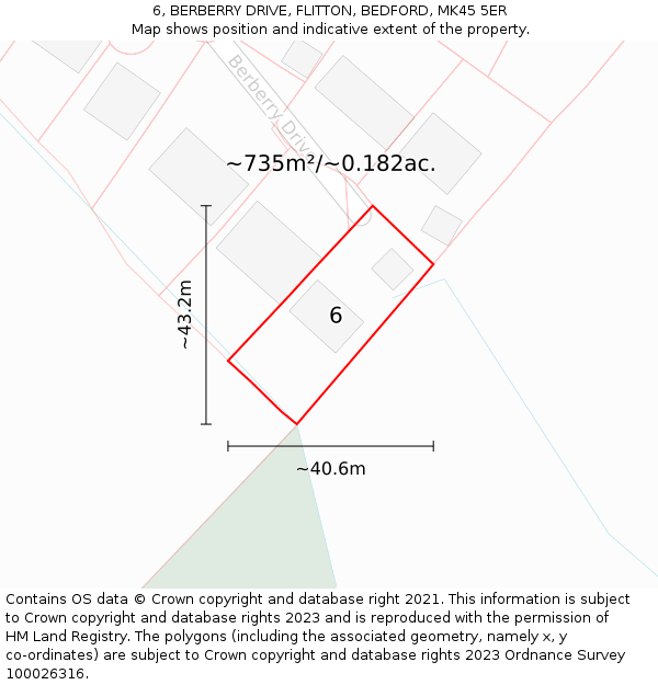 6, BERBERRY DRIVE, FLITTON, BEDFORD, MK45 5ER: Plot and title map