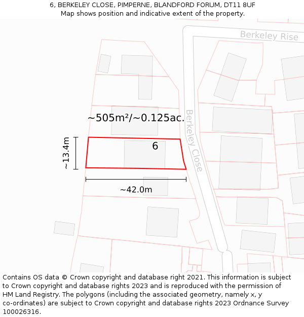 6, BERKELEY CLOSE, PIMPERNE, BLANDFORD FORUM, DT11 8UF: Plot and title map