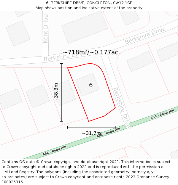 6, BERKSHIRE DRIVE, CONGLETON, CW12 1SB: Plot and title map