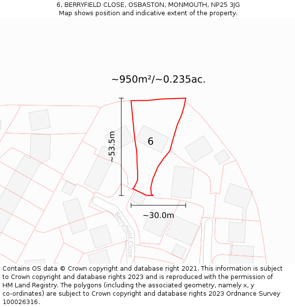 6, BERRYFIELD CLOSE, OSBASTON, MONMOUTH, NP25 3JG: Plot and title map