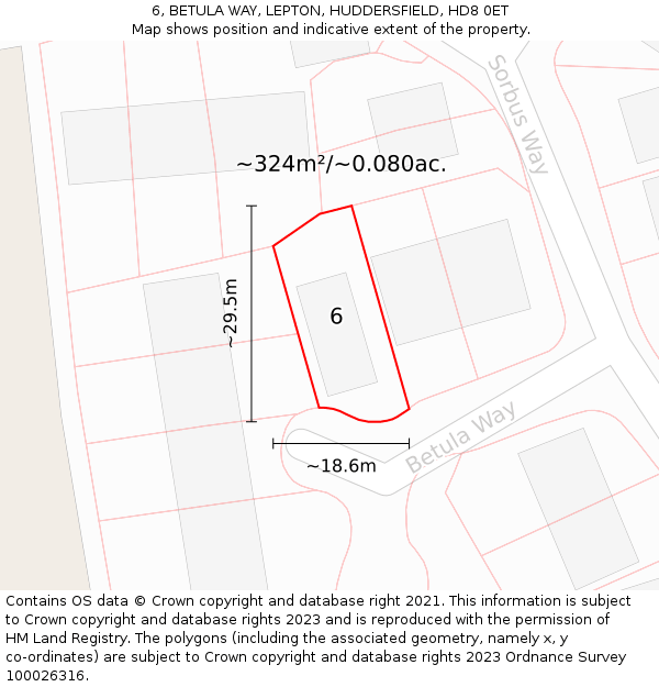 6, BETULA WAY, LEPTON, HUDDERSFIELD, HD8 0ET: Plot and title map