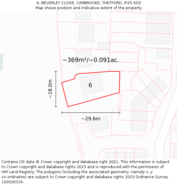 6, BEVERLEY CLOSE, CARBROOKE, THETFORD, IP25 6GS: Plot and title map