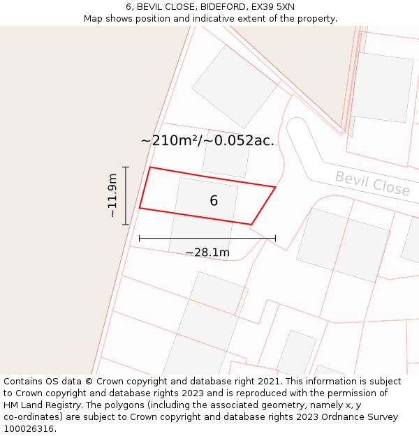 6, BEVIL CLOSE, BIDEFORD, EX39 5XN: Plot and title map
