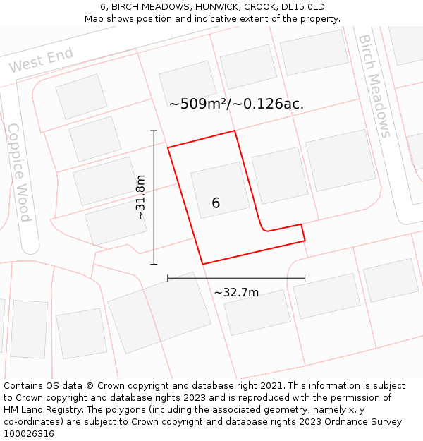 6, BIRCH MEADOWS, HUNWICK, CROOK, DL15 0LD: Plot and title map