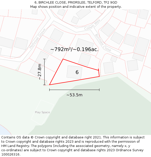 6, BIRCHLEE CLOSE, PRIORSLEE, TELFORD, TF2 9GD: Plot and title map