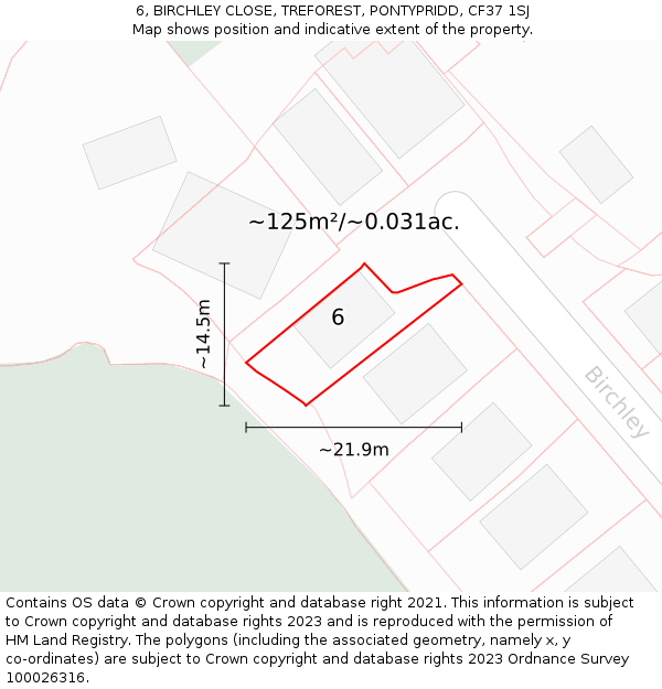 6, BIRCHLEY CLOSE, TREFOREST, PONTYPRIDD, CF37 1SJ: Plot and title map