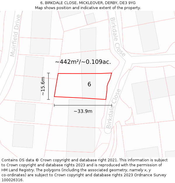 6, BIRKDALE CLOSE, MICKLEOVER, DERBY, DE3 9YG: Plot and title map