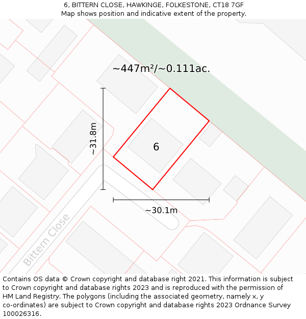 6, BITTERN CLOSE, HAWKINGE, FOLKESTONE, CT18 7GF: Plot and title map