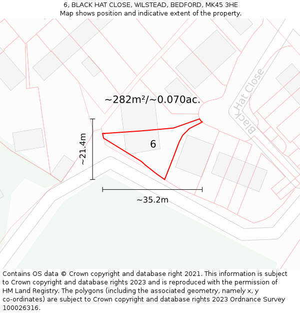 6, BLACK HAT CLOSE, WILSTEAD, BEDFORD, MK45 3HE: Plot and title map