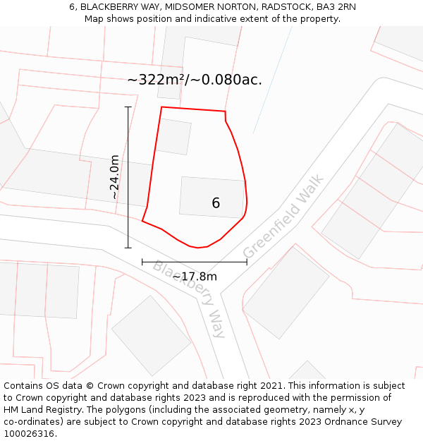 6, BLACKBERRY WAY, MIDSOMER NORTON, RADSTOCK, BA3 2RN: Plot and title map