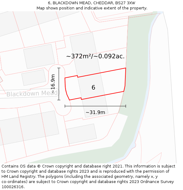 6, BLACKDOWN MEAD, CHEDDAR, BS27 3XW: Plot and title map