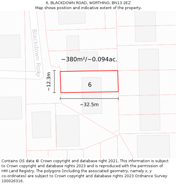 6, BLACKDOWN ROAD, WORTHING, BN13 2EZ: Plot and title map