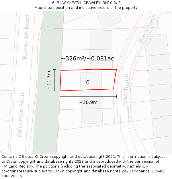 6, BLACKHEATH, CRAWLEY, RH10 3UF: Plot and title map
