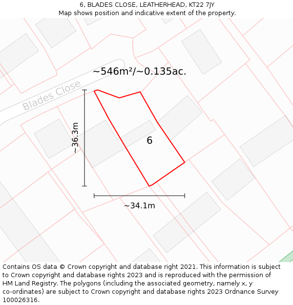 6, BLADES CLOSE, LEATHERHEAD, KT22 7JY: Plot and title map