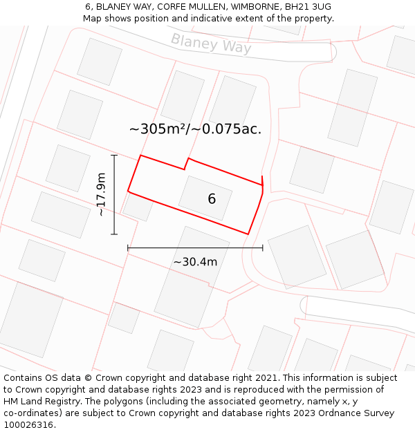 6, BLANEY WAY, CORFE MULLEN, WIMBORNE, BH21 3UG: Plot and title map