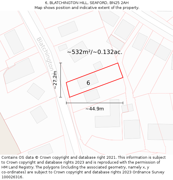 6, BLATCHINGTON HILL, SEAFORD, BN25 2AH: Plot and title map
