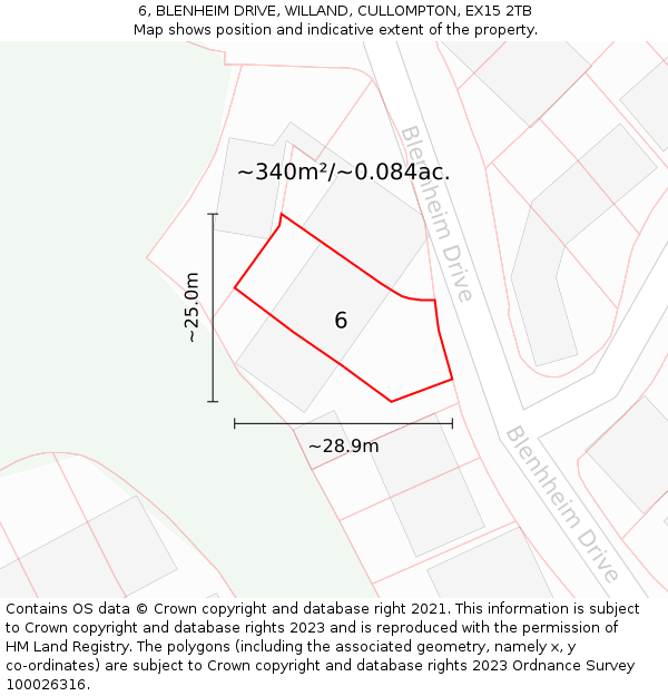 6, BLENHEIM DRIVE, WILLAND, CULLOMPTON, EX15 2TB: Plot and title map