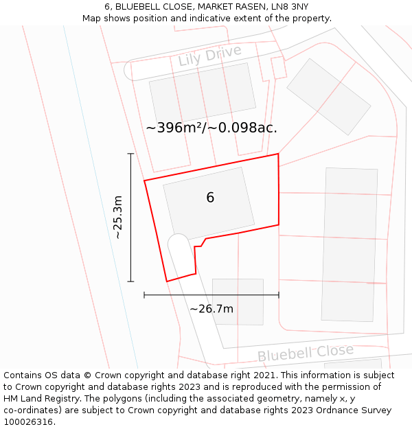 6, BLUEBELL CLOSE, MARKET RASEN, LN8 3NY: Plot and title map