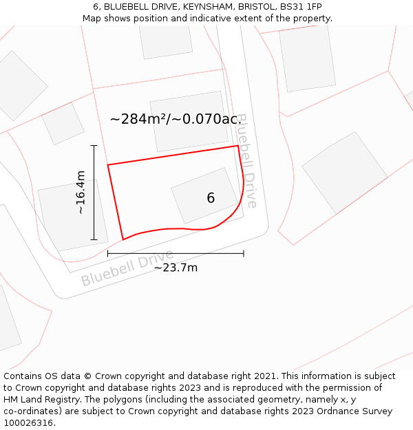 6, BLUEBELL DRIVE, KEYNSHAM, BRISTOL, BS31 1FP: Plot and title map