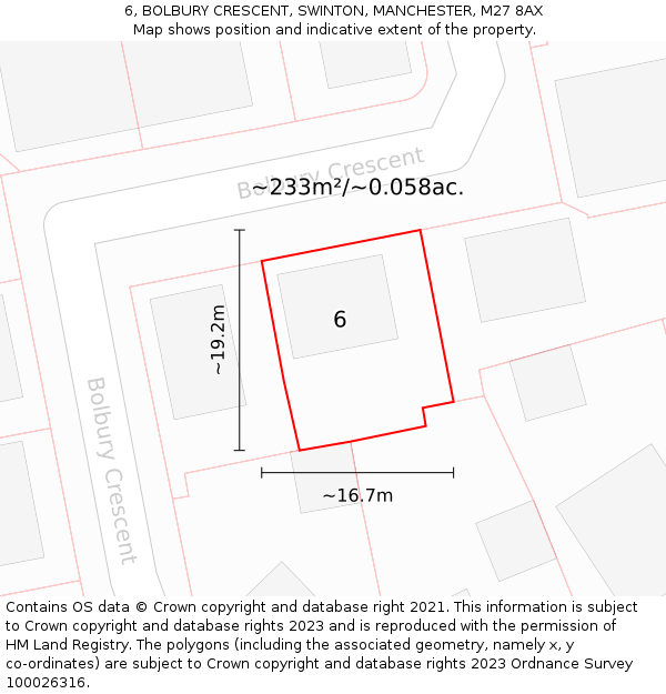 6, BOLBURY CRESCENT, SWINTON, MANCHESTER, M27 8AX: Plot and title map