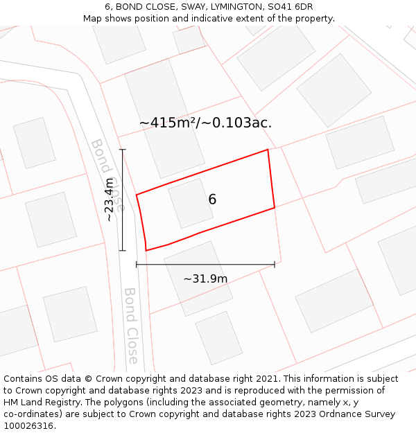 6, BOND CLOSE, SWAY, LYMINGTON, SO41 6DR: Plot and title map