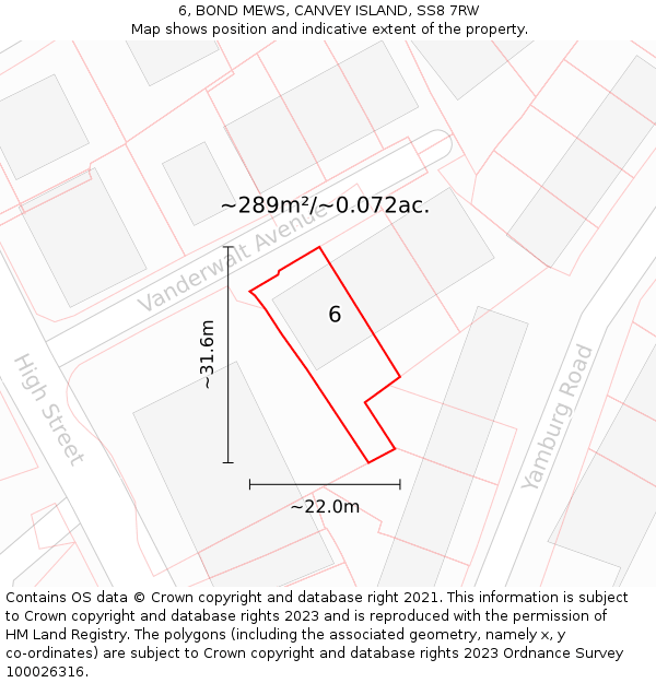 6, BOND MEWS, CANVEY ISLAND, SS8 7RW: Plot and title map