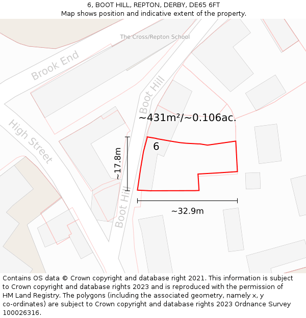 6, BOOT HILL, REPTON, DERBY, DE65 6FT: Plot and title map