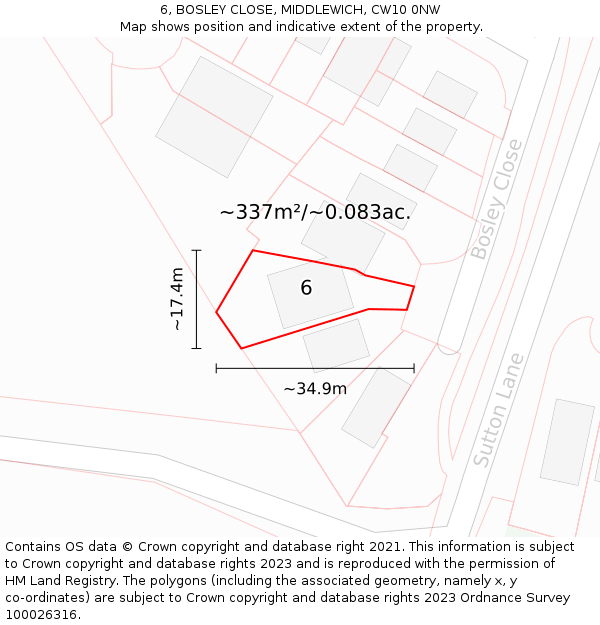 6, BOSLEY CLOSE, MIDDLEWICH, CW10 0NW: Plot and title map