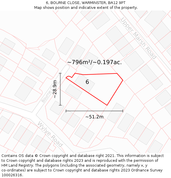 6, BOURNE CLOSE, WARMINSTER, BA12 9PT: Plot and title map