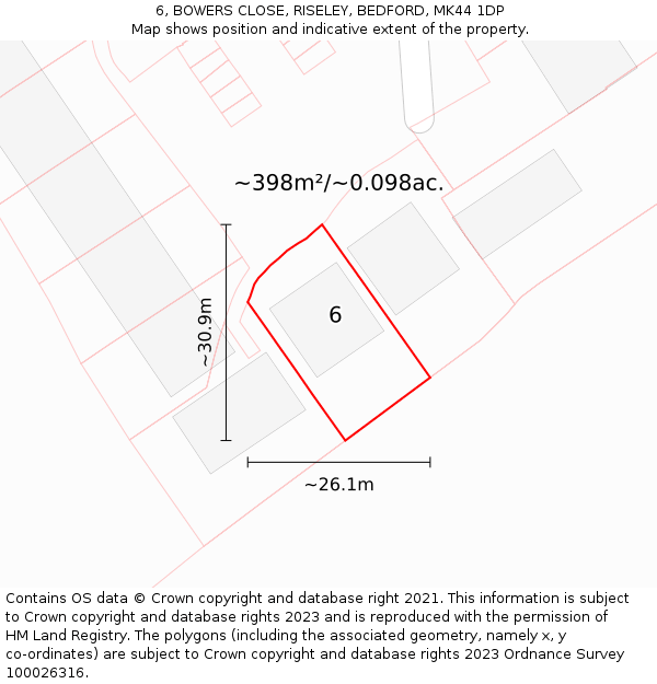 6, BOWERS CLOSE, RISELEY, BEDFORD, MK44 1DP: Plot and title map