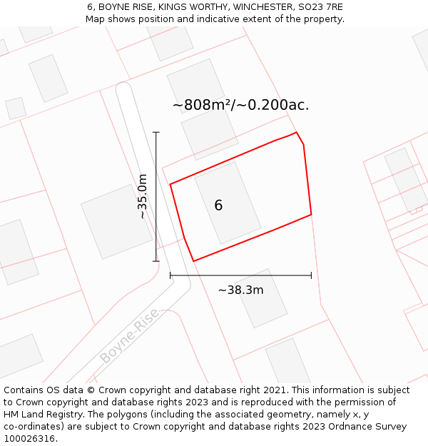 6, BOYNE RISE, KINGS WORTHY, WINCHESTER, SO23 7RE: Plot and title map