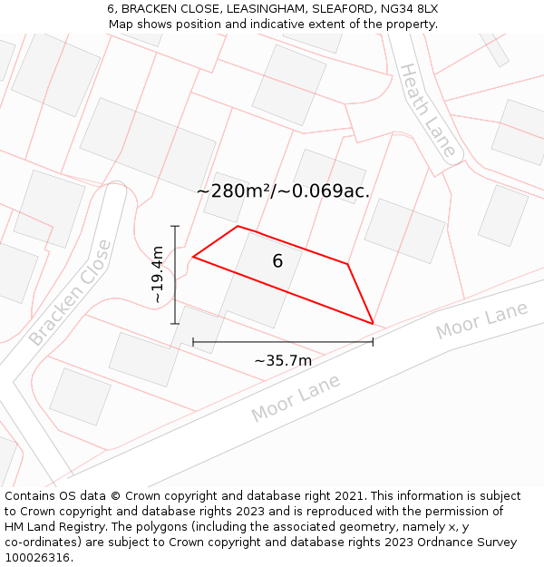 6, BRACKEN CLOSE, LEASINGHAM, SLEAFORD, NG34 8LX: Plot and title map