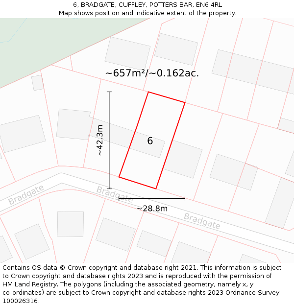 6, BRADGATE, CUFFLEY, POTTERS BAR, EN6 4RL: Plot and title map