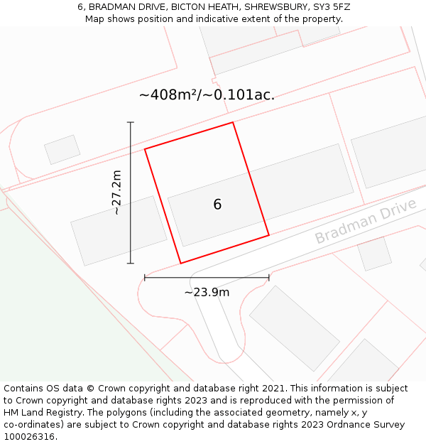 6, BRADMAN DRIVE, BICTON HEATH, SHREWSBURY, SY3 5FZ: Plot and title map