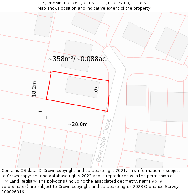 6, BRAMBLE CLOSE, GLENFIELD, LEICESTER, LE3 8JN: Plot and title map