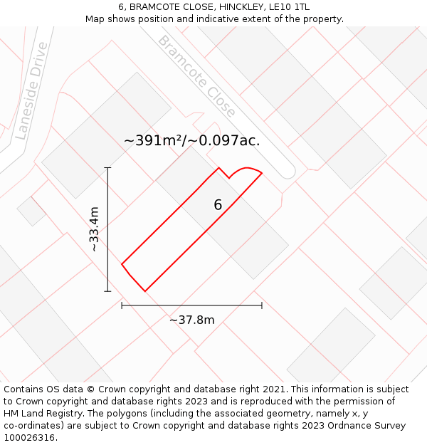 6, BRAMCOTE CLOSE, HINCKLEY, LE10 1TL: Plot and title map