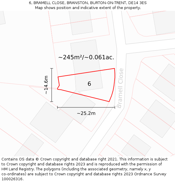6, BRAMELL CLOSE, BRANSTON, BURTON-ON-TRENT, DE14 3ES: Plot and title map