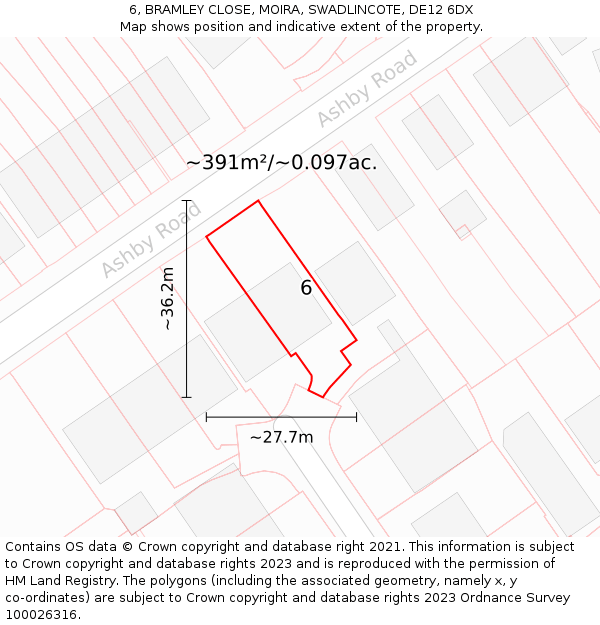 6, BRAMLEY CLOSE, MOIRA, SWADLINCOTE, DE12 6DX: Plot and title map