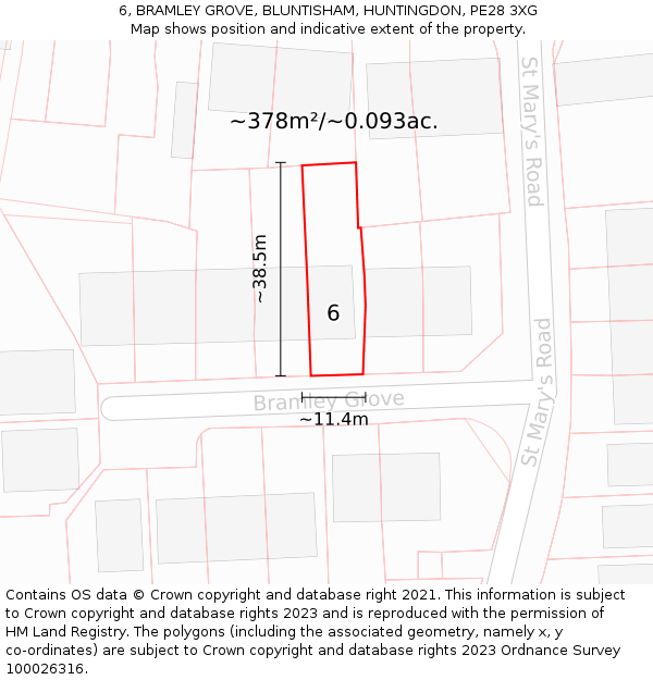 6, BRAMLEY GROVE, BLUNTISHAM, HUNTINGDON, PE28 3XG: Plot and title map
