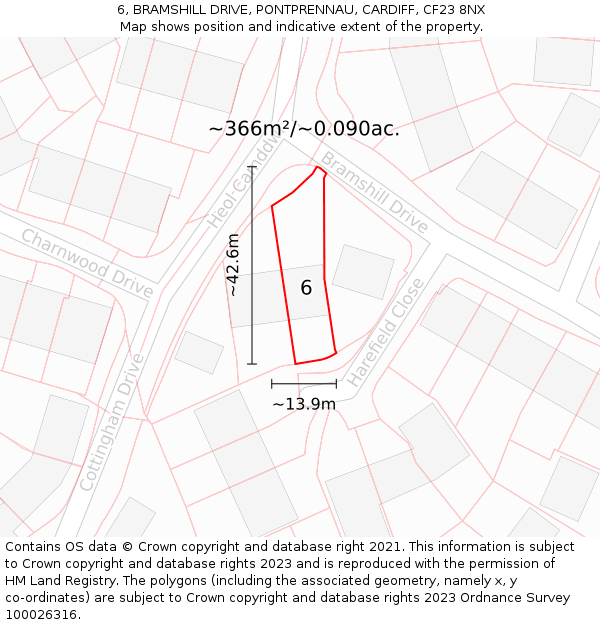 6, BRAMSHILL DRIVE, PONTPRENNAU, CARDIFF, CF23 8NX: Plot and title map