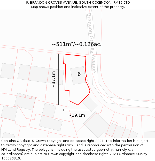 6, BRANDON GROVES AVENUE, SOUTH OCKENDON, RM15 6TD: Plot and title map