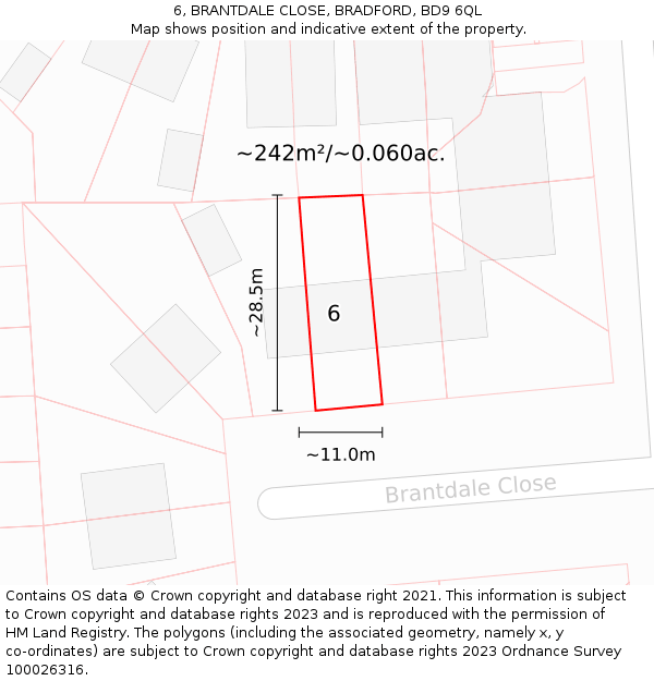 6, BRANTDALE CLOSE, BRADFORD, BD9 6QL: Plot and title map
