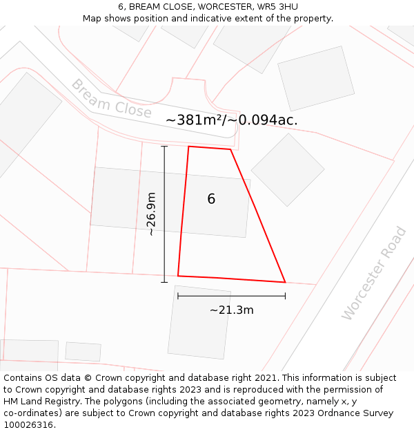 6, BREAM CLOSE, WORCESTER, WR5 3HU: Plot and title map