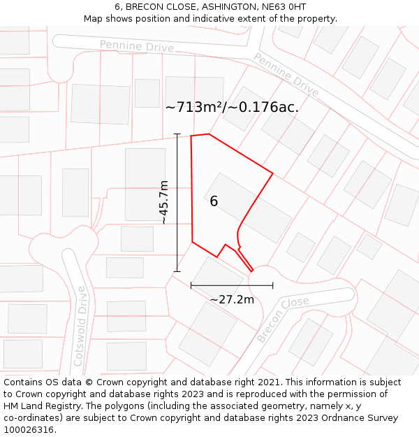 6, BRECON CLOSE, ASHINGTON, NE63 0HT: Plot and title map