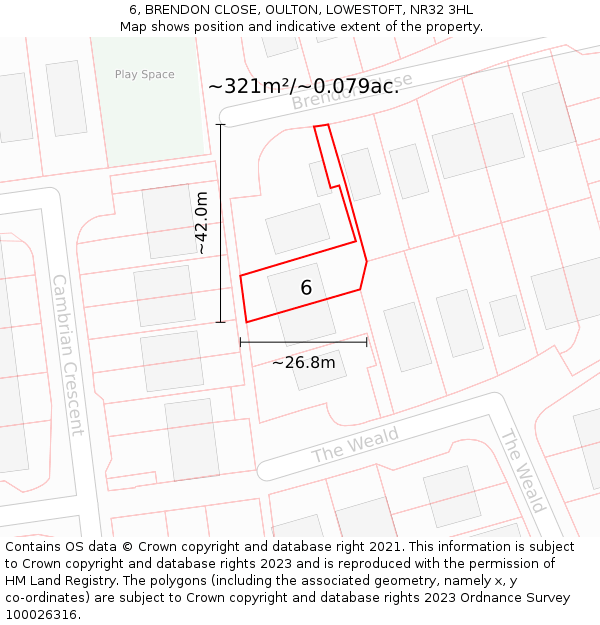 6, BRENDON CLOSE, OULTON, LOWESTOFT, NR32 3HL: Plot and title map