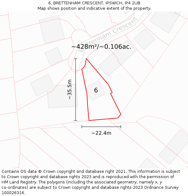 6, BRETTENHAM CRESCENT, IPSWICH, IP4 2UB: Plot and title map