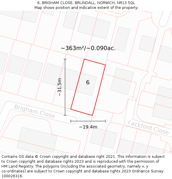6, BRIGHAM CLOSE, BRUNDALL, NORWICH, NR13 5QL: Plot and title map